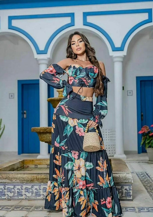 Conjunto saia longa e Croped Chocolate