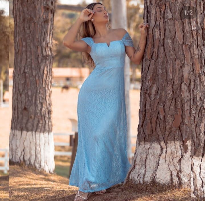 VESTIDO LONGO RENDA RAVENA MANGUINHA DRAPEADA
