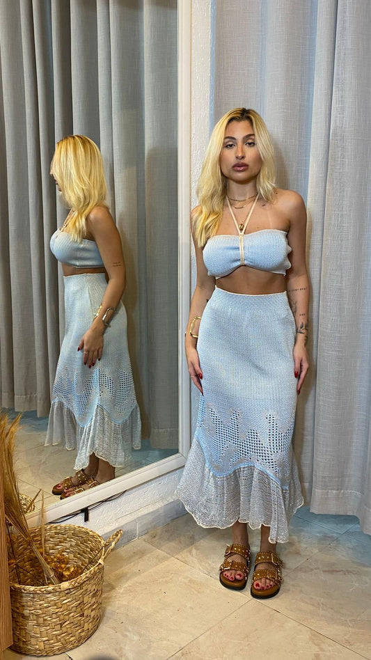 CONJUNTO SIMONIA CROPPED E SAIA EM TRICOT DE VERÃO
