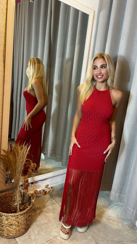 Vestido Helena Costa Aberta Amarração no Pescoço e Franja Tricot Rayon