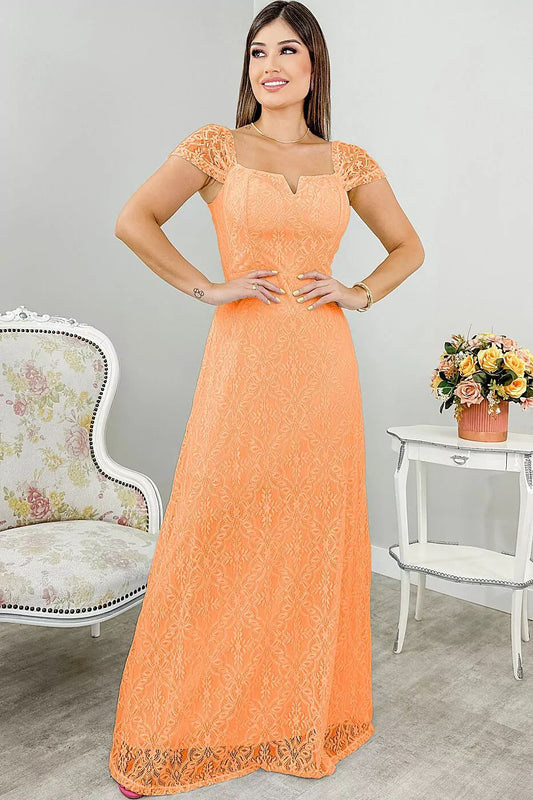 VESTIDO LONGO RENDA RAVENA MANGUINHA DRAPEADA