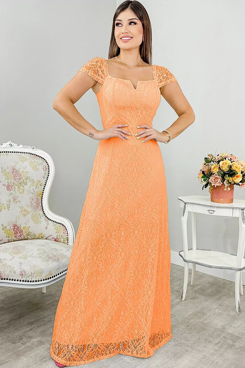 VESTIDO LONGO RENDA RAVENA MANGUINHA DRAPEADA