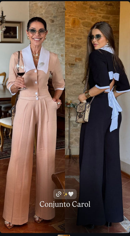 CONJUNTO CAROL DE CALÇA E BLUSA LAÇO EM TRICÔ ALFAIATARIA COM BOTÕES FORRADOS