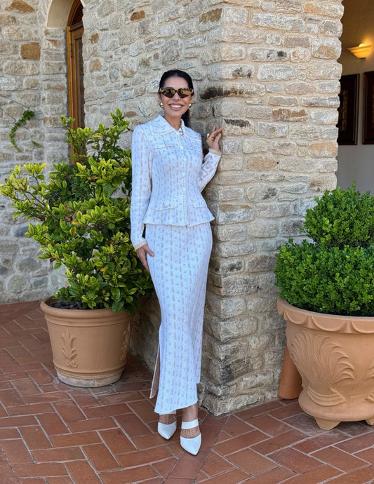 CONJUNTO ADRIANA DE SAIA MIDI E BLAZER EM TRICÔ ALFAIATARIA